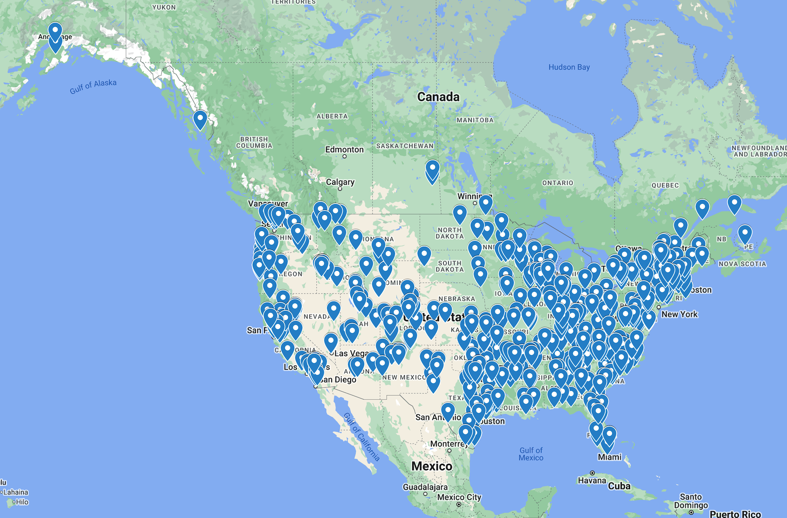 Map of North America with pins on locations of NarcBox users